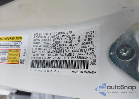 2024 Honda Civic Sport из США, поврежденный, VIN 2HGFE2F51RH581514